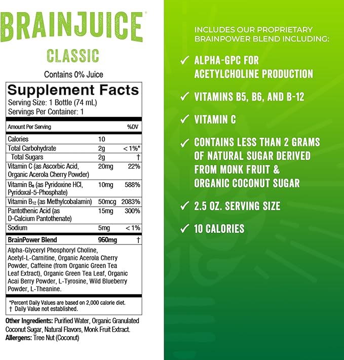 BrainJuice Brain Support Shot, Gluten Free Supplement Shots for Energy & Focus, Healthy Drinks with Alpha GPC, Vitamin B & Organic Green Tea Extract Caffeine, Classic, 2.5 fl oz, 12 Pack