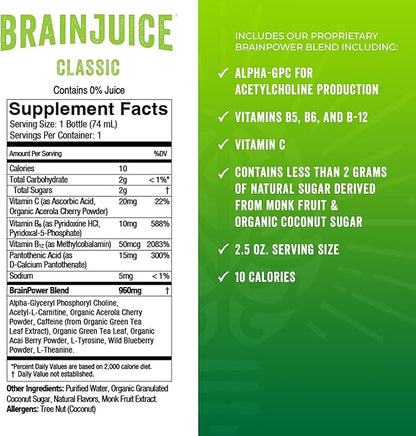 BrainJuice Brain Support Shot, Gluten Free Supplement Shots for Energy & Focus, Healthy Drinks with Alpha GPC, Vitamin B & Organic Green Tea Extract Caffeine, Classic, 2.5 fl oz, 12 Pack