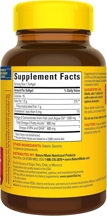 Nature Made Omega 3 Fish Oil and Algae Oil Supplements, 1200mg, Omega 3 Supplement for Heart, Brain and Eyes Support, One Per Day, 60 Softgels