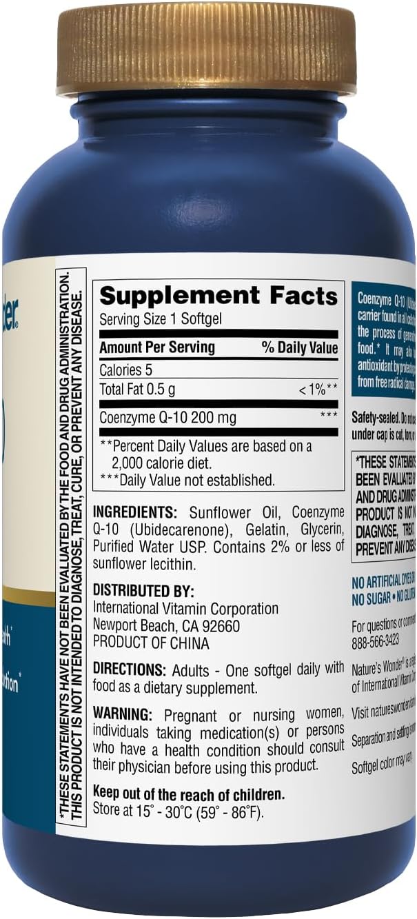 Nature's Wonder CoQ10 Supplement - CoQ10 200mg Softgels to Support Heart Health, Cardiovascular Function, and Cellular Energy Production, 120 Softgels, 120 Days Supply