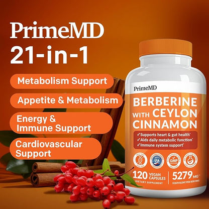 21-in-1 Berberine Supplement with Ceylon Cinnamon with Chromium, Bitter Melon and Green Tea Extract and Black Pepper Extract 5X for Energy & Metabolism Support with 5279 mg (120 ct, Pack of 3)