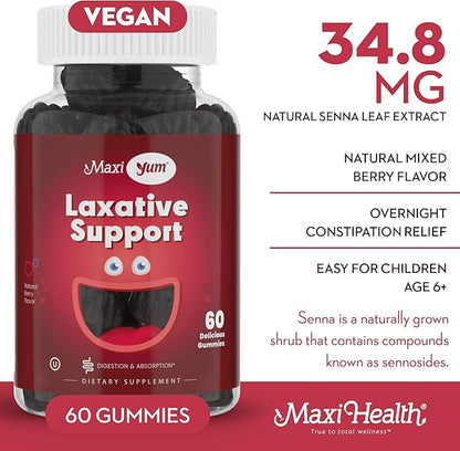 Maxi Health Laxative Gummies, 60's - Chewable Vegan Gummy, Adults and Kids Ages 6 and Up - All-Natural Laxative with Senokot Extract and Mixed Natural Fruit Flavors (Berry, 60 Count)