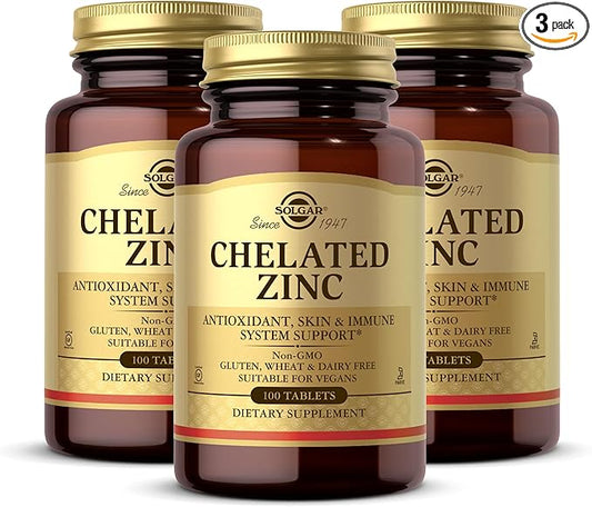 Solgar Chelated Zinc - 100 Tablets, Pack of 3 - Antioxidant, Skin & Immune System Support - Non-GMO, Vegan, Kosher, Gluten Free - 300 Total Servings