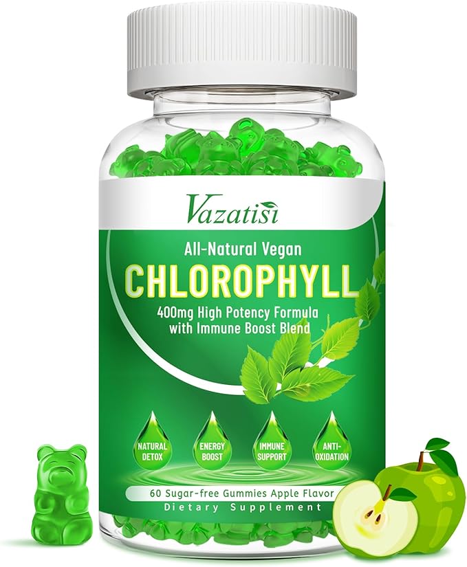 Chlorophyll Gummies with Ashwagandha Vitamin C Zinc for Body Odor Skin Energy Immune Support Deodorant, Apple Flavor 60 Cts