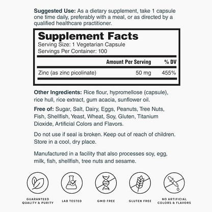 Nature’s Lab Zinc Picolinate 50mg - Highly Absorbable Zinc Supplement – 100 Capsules (3 Month Supply)