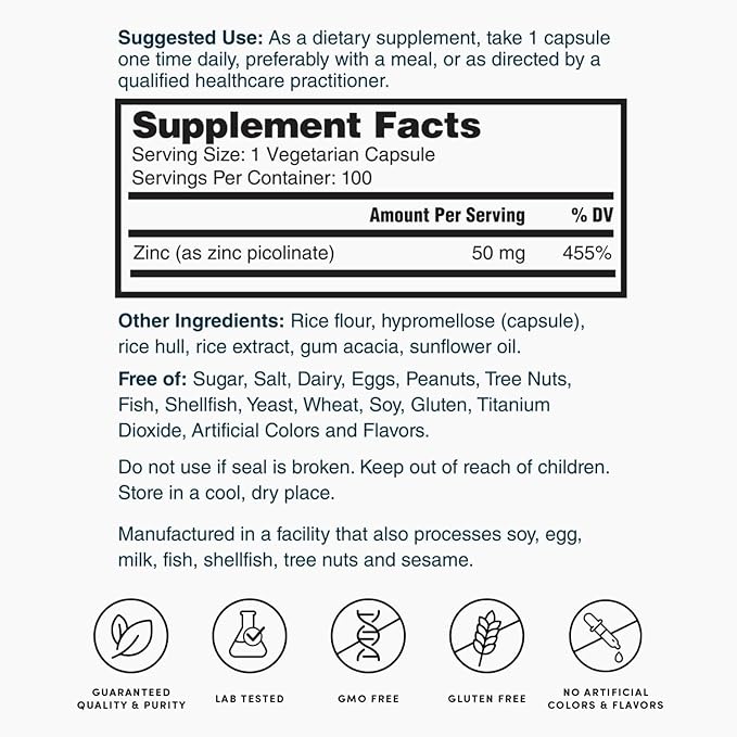 Nature’s Lab Zinc Picolinate 50mg - Highly Absorbable Zinc Supplement – 100 Capsules (3 Month Supply)