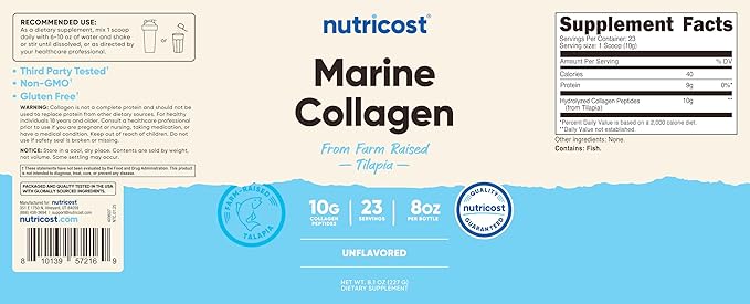Nutricost Marine Collagen Powder Sustainably Sourced Fish (8 oz) - 23 Servings, 9 G Protein Per Serving, Non-GMO, GMP Compliant