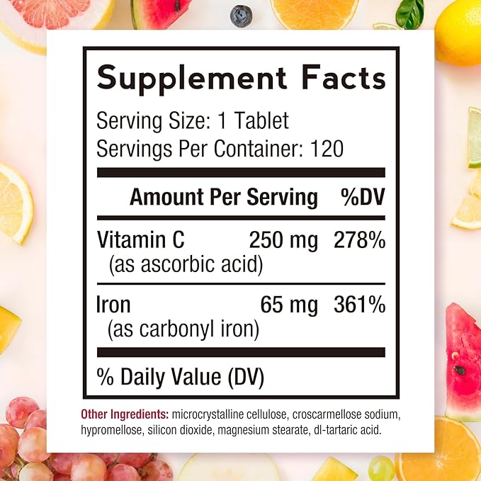 Doctor's Recipes Iron Supplement 65 mg with Vitamin C - Maximized Absorption & Stomach Friendly Iron Pills for Red Blood Cells Formation, Heart, Brain & Immunity Health - Vegan Non-GMO 120 Iron Tabs