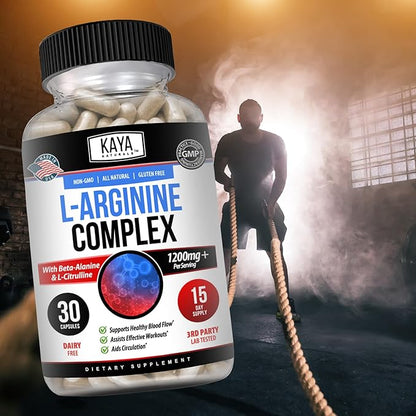 Kaya Naturals - L-Arginine All-Natural Herbal Supplement for Maximum Health Benefits | Pre-Workout | Energy | Improved Nighttime Performance | - 60 Capsules