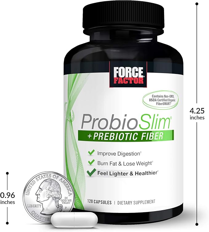 Force Factor ProbioSlim + Prebiotic Fiber Weight Loss Supplement for Women and Men, Probiotic and Prebiotic Digestive Health Support with Green Tea Extract and Psyllium Husk Fiber, 120 Capsules