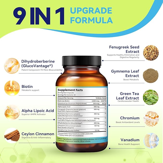 9-IN-1 2074mg Glucose Disposal Agent Supplement, 200mg Dihydroberberine with Ceylon Cinnamon, Chromium, Alpha Lipoic Acid, GDA Helps Immune Support, Heart Health - Non-GMO, Gluten Free, Vegan, 150