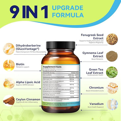 9-IN-1 2074mg Glucose Disposal Agent Supplement, 200mg Dihydroberberine with Ceylon Cinnamon, Chromium, Alpha Lipoic Acid, GDA Helps Immune Support, Heart Health - Non-GMO, Gluten Free, Vegan, 150