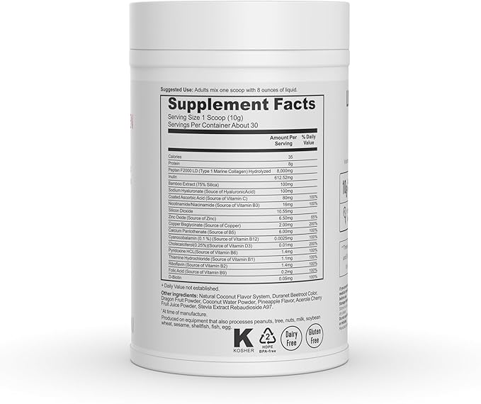 Marine Collagen Peptides - Dragon Fruit, Coconut Water, Pineapple - Vitamin C Hyaluronic Acid Copper Zinc Biotin Niacin D3 B-Complex - Hair Skin & Nails, 30 Servings