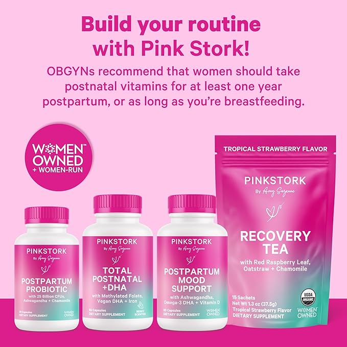 Pink Stork Total Postnatal Vitamins for Women - Mint Essenced Capsules with Vegan DHA, Iron, Folate, and Vitamin B12, Postpartum Recovery Essentials - 1 Month Supply