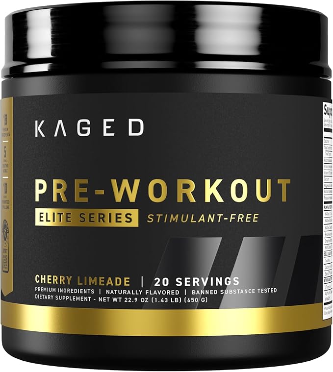 Kaged Pre Workout Powder Pre-Workout Elite Stim-Free for Men & Women, Power, Stamina, Focus, Pumps, L-Citrulline, Beta Alanine, Creatine, Caffeine-Free, Cherry Limeade, 20 Servings