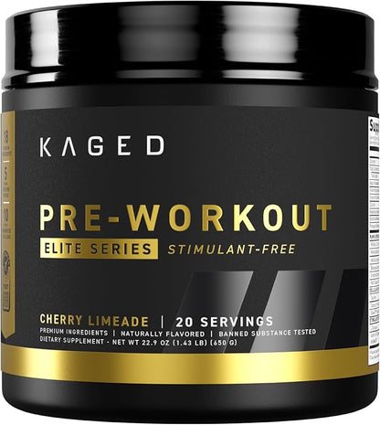 Kaged Pre Workout Powder Pre-Workout Elite Stim-Free for Men & Women, Power, Stamina, Focus, Pumps, L-Citrulline, Beta Alanine, Creatine, Caffeine-Free, Cherry Limeade, 20 Servings