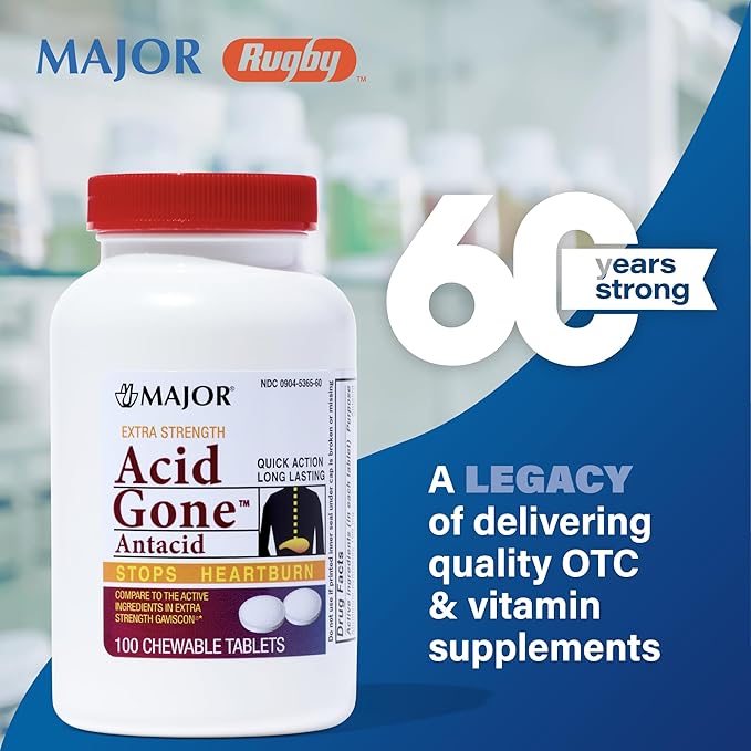 MAJOR Acid Gone Extra Strength Antacid Chewable Tablets - Anti-Acid Relief - Acid Reflux Medicine for Adults - Upset Stomach, Acid Indigestion, and Heartburn Relief - Long-Lasting - 100 Count