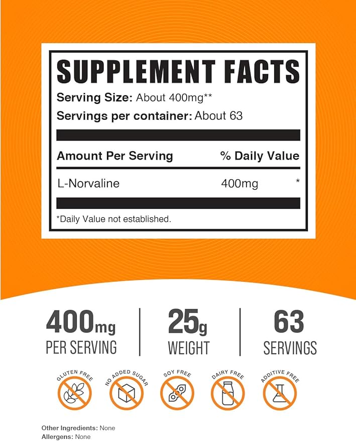 BulkSupplements.com L-Norvaline Powder - L-Norvaline Supplement, Nitric Oxide Supplement - Amino Acid Supplement, Gluten Free, 400mg per Serving, 25g (0.88 oz) (Pack of 1)