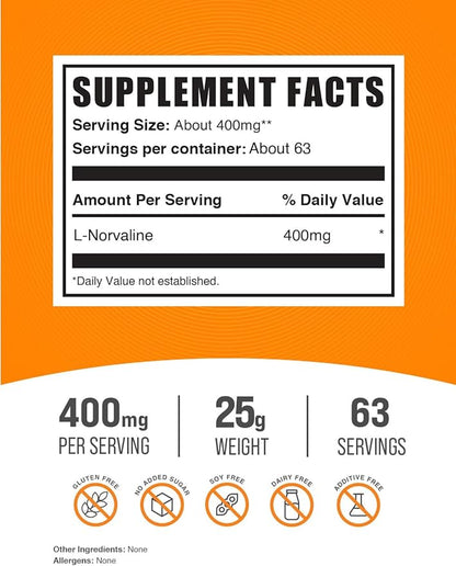 BulkSupplements.com L-Norvaline Powder - L-Norvaline Supplement, Nitric Oxide Supplement - Amino Acid Supplement, Gluten Free, 400mg per Serving, 25g (0.88 oz) (Pack of 1)