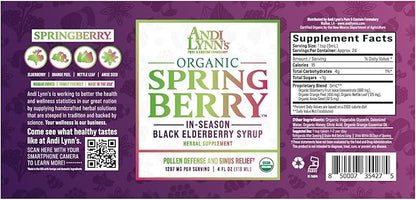 Andi Lynn’s SpringBerry, Organic Black Elderberry Syrup, Pollen Defense & Sinus Relief for Seasonal Allergies, Herbal Immune Support Supplement for Kids & Adults, 4 oz