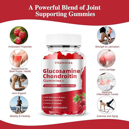 Glucosamine Chondroitin Gummies with MSM & Elderberry Extra Strength - Joint Support, Antioxidant Immune Support Supplement for Adults, Men & Women Minerals, coenzyme Q10, DHA - 60 Raspberry Gummies
