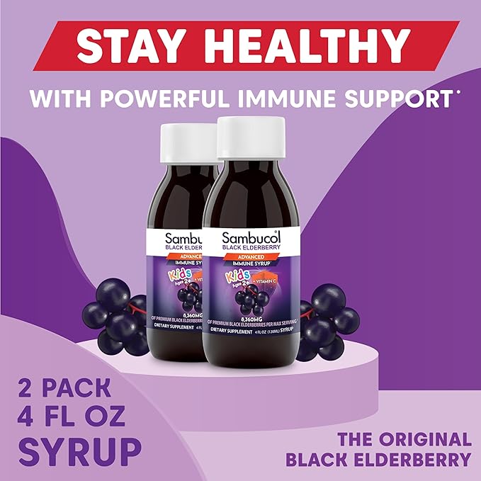 Sambucol Black Elderberry Syrup for Kids - Kids Elderberry Syrup, Added Vitamin C, Black Elderberry Syrup, Sambucus Elderberry Kids Syrup for Immune Support, Delicious Berry Taste - 4 Fl Oz, 2-Pack