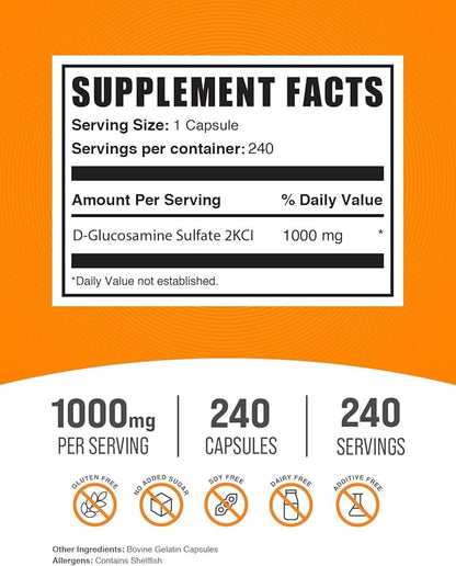 BulkSupplements.com Glucosamine Sulfate Capsules - Glucosamine Supplement, for Joint Support - Glucosamine Sulfate 1000mg, Gluten Free, 1 Capsule per Serving, 240 Capsules (Pack of 1)