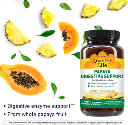 Country Life Chewable Papaya Enzymes for Digestion Support - Natural Pineapple & Papaya Flavor, Assists with Nutrient Absorption, Contains Papain & Protease - 200 and 500 Wafers Available