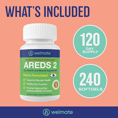 WELMATE - AREDS 2 (120 Servings) - Eye Vitamin and Mineral Supplement - Vitamin C, Zinc, Lutein, Zeaxanthin - Macular Health - Doctor Formulated & Tested - Eye Care - Gluten Free - 240 Mini Softgels