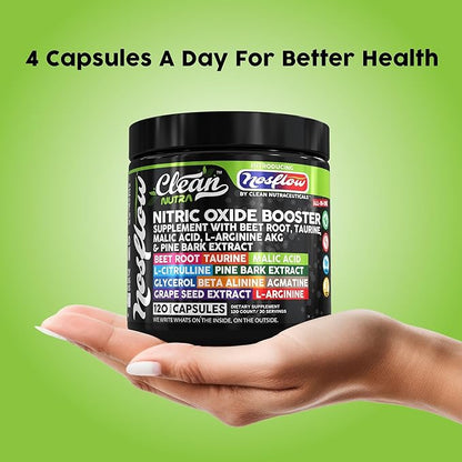 NosFlow Nitric Oxide Supplements for Men | Beet Root Taurine L-Arginine Malic Acid L-Arginine L-Citrulline Pine Bark Glycerol Agmatine Grape Seed Vitamin C Vitamin B12 Vitamin B3 by Clean Nutra