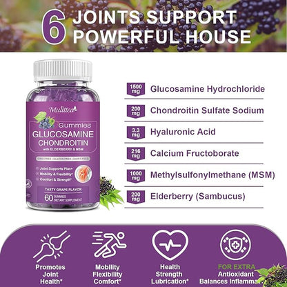 Glucosamine Chondroitin Gummies - Extra Strength Joint Support Supplement with MSM & Elderberry for Natural Joint, Antioxidant Immune Support for Adults, Men & Women-Sugar-Free (2 Pack)