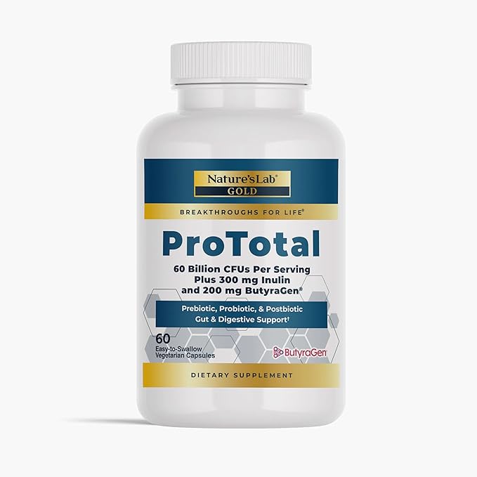 Nature's Lab Gold ProTotal - 60 Billion CFU Probiotic, Prebiotic, Postbiotic, Synbiotic - with Butyragen (Direct Butyrate Generator) 60 Ct