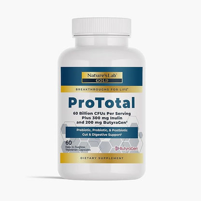 Nature's Lab Gold ProTotal - 60 Billion CFU Probiotic, Prebiotic, Postbiotic, Synbiotic - with Butyragen (Direct Butyrate Generator) 60 Ct