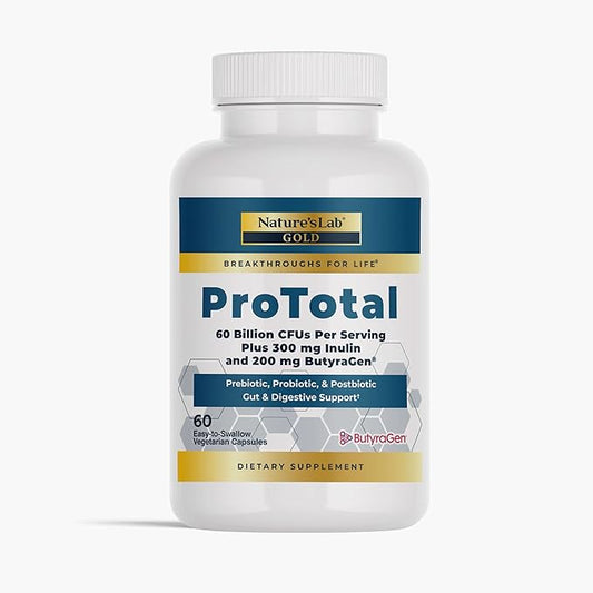 Nature's Lab Gold ProTotal - 60 Billion CFU Probiotic, Prebiotic, Postbiotic, Synbiotic - with Butyragen (Direct Butyrate Generator) 60 Ct