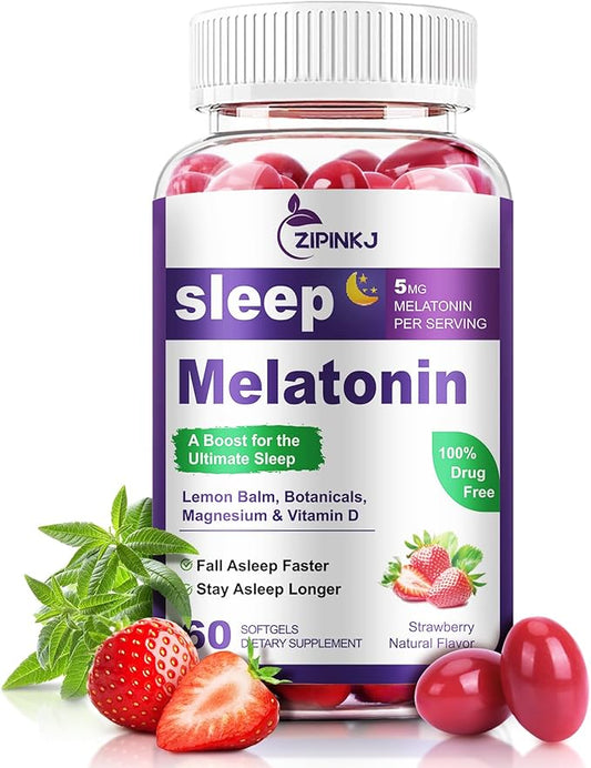 Sleep Support Supplement Softgels, Sleep Aids for Adults, Sleep Supplement with Melatonin 5mg, Vitamin D2, Magnesium, and Lemon Balm, Strawberry Extract, Gluten-Free, Vegan & Non-GMO, 60 Count