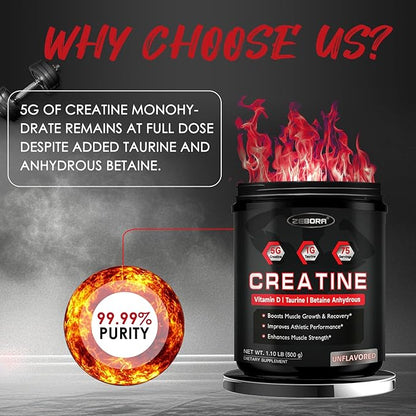 ZEBORA Micronized Creatine Monohydrate Powder, Creatine Monohydrate for Women-Men, Helps Muscle Recovery, Enhances Muscle Size & Strength with 5G Creatine and 1G Taurine, 75 Servings