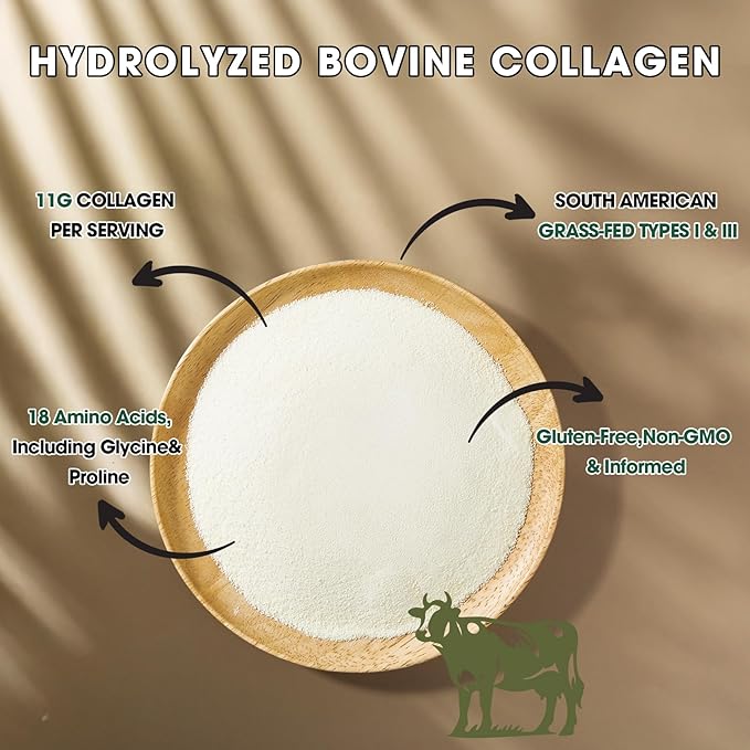 Collagen Peptides Powder Unflavored 15.9oz, Hydrolyzed Bovine Collagen 41 Servings Types I & III, Grass-Fed, Pasture-Raised Protein, Zero Sugar Supplement