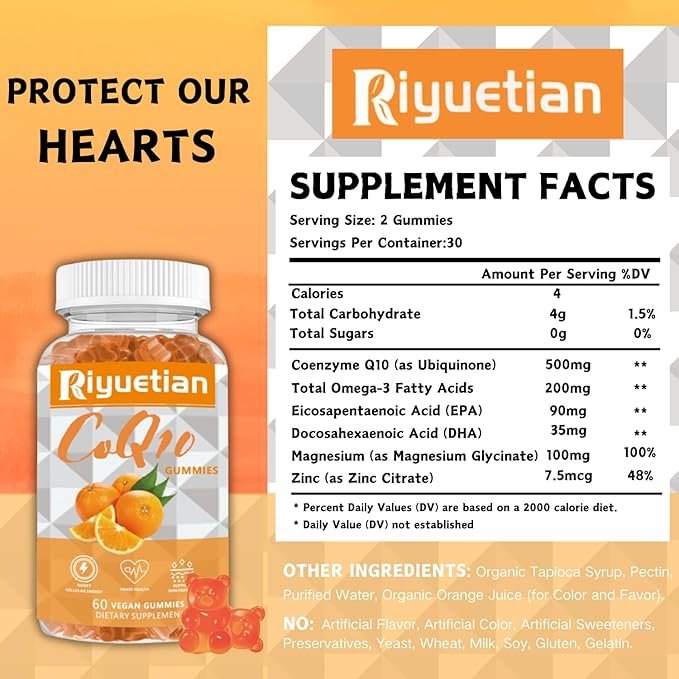 Extra Strength CoQ10 Supplements for Women & Men - CoQ10 Gummies Antioxidant for Heart Health Support - Orange Flavored - ubiquinol CoQ10 Gummies - Vegan - 1 Pack