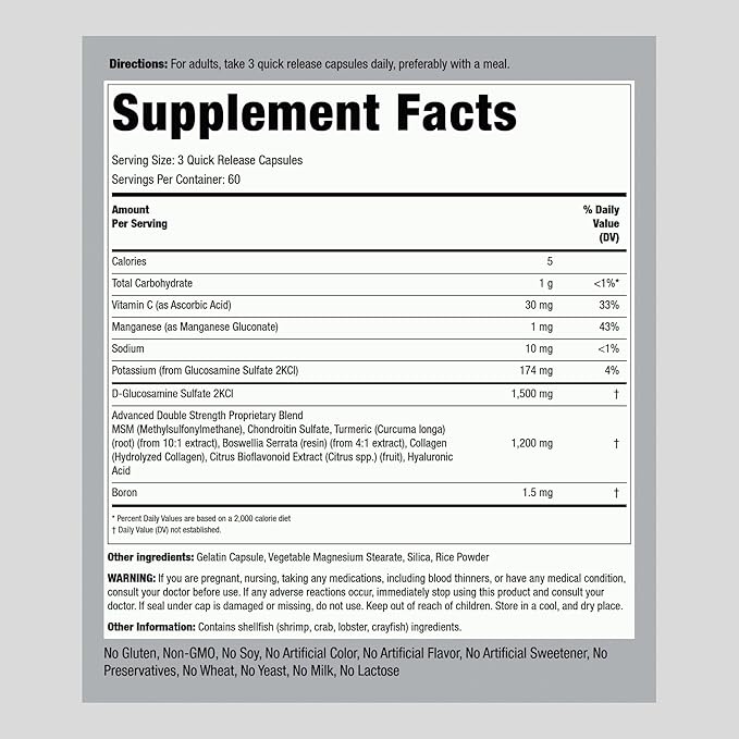Piping Rock Glucosamine Chondroitin MSM and Turmeric | 180 Capsules | Complex Supplement | Advanced Double Strength Formula | Non-GMO, Gluten Free