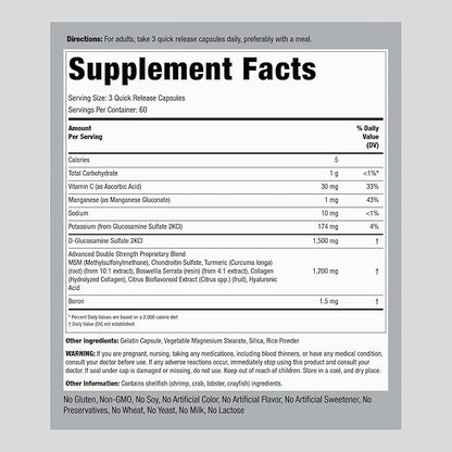 Piping Rock Glucosamine Chondroitin MSM and Turmeric | 180 Capsules | Complex Supplement | Advanced Double Strength Formula | Non-GMO, Gluten Free