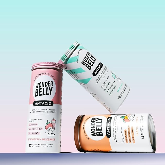 Wonderbelly Antacid, Effective Heartburn and Instant Acid Indigestion Relief, Extra Strength Chewable Tablets, 1000 mg Calcium Carbonate, No Talc or Dye, Tropical Fruit, 120 Count