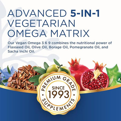 Purity Products Omega 3-6-9 Vegan and Vegetarian Formula - “5 in 1” Essential Fatty Acid Complex - Scientifically Formulated Plant-Based Omega 3 6 9 Essential Fatty Acids (EFA) - from (60)