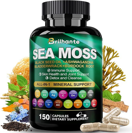 Irish sea moss capsules,organic sea moss supplement for energy and fatigue,seamoss black seed oil ashwagandha burdock root organic Mineral Complex for Gut health, skin, and joints - 150 Count