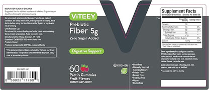 Viteey Prebiotic Fiber Gummies for Adults, 5g - Zero Sugar Added - Fiber Supplement for Digestive Health Regularity & Natural Weight Support - Vegan, Gelatin Free - Chewable Fruit Flavored Gummy