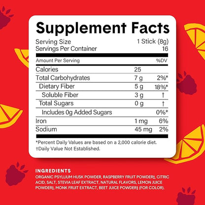 Bellway Super Fiber Packets + Fruit, Sugar Free Organic Psyllium Husk Powder Fiber Supplement to Go for Regularity, Bloating Relief & Gut Health, Non-GMO, Plant-Based, Raspberry Lemon (16 Packets)