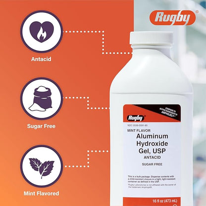 Rugby 320 mg Aluminum Hydroxide Gel, USP - Antacid Liquid - Upset Stomach, Acid Indigestion, and Heartburn Relief - Sugar-Free - Mint Flavored - 16 Fl. Oz. (6 Pack)
