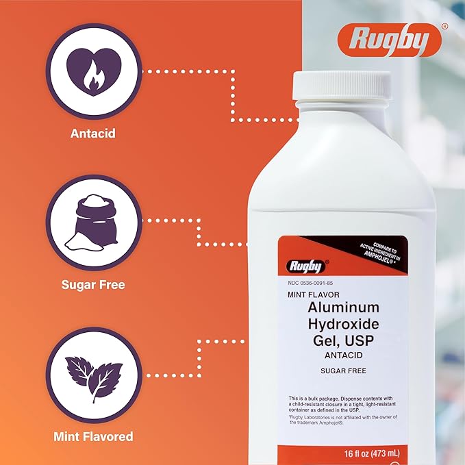 Rugby 320 mg Aluminum Hydroxide Gel, USP - Antacid Liquid - Upset Stomach, Acid Indigestion, and Heartburn Relief - Sugar-Free - Mint Flavored - 16 Fl. Oz. (2 Pack)