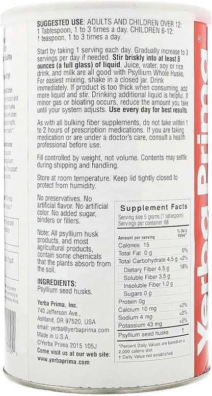 Yerba Prima Psyllium Husk, 12 Ounce (Pack of 3) - Whole Husk Fiber Supplement for Regularity, Colon Cleansing, Natural Support for Gut Health, Non GMO, Gluten Free, Vegan, No Sweeteners