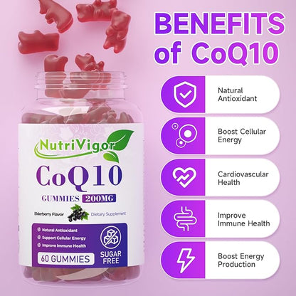 CoQ10 Gummies, Coenzyme Q10 Supplement 200mg, High Absorption CoQ10 Supplement for Cellular Energy and Immune Health, Vegan, Gluten Free, Elderberry Flavor, 120 Count