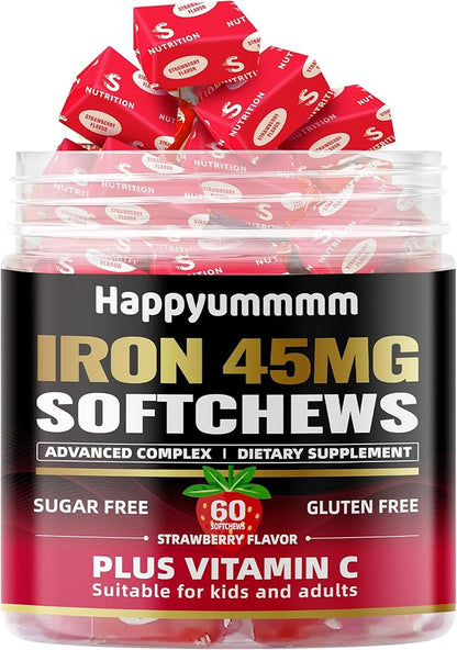 Iron Soft Chews Supplement with Vitamin C | Strawberry Flavored | Gluten Free | Iron Supplement for Women Men and Kids | 60 Count | 2 Month Supply